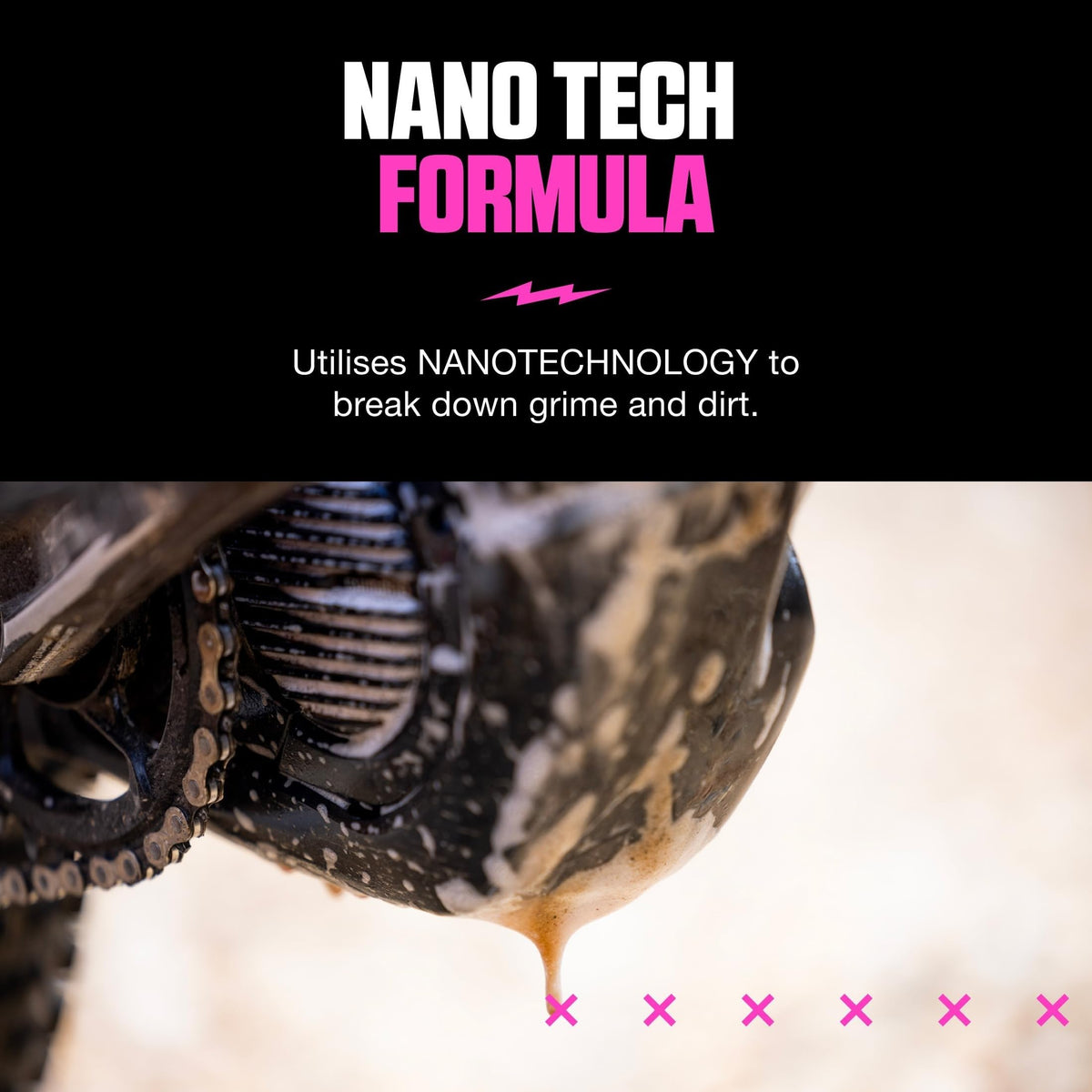 Muc-Off being sprayed onto bike frame showing fast grime removal benefit