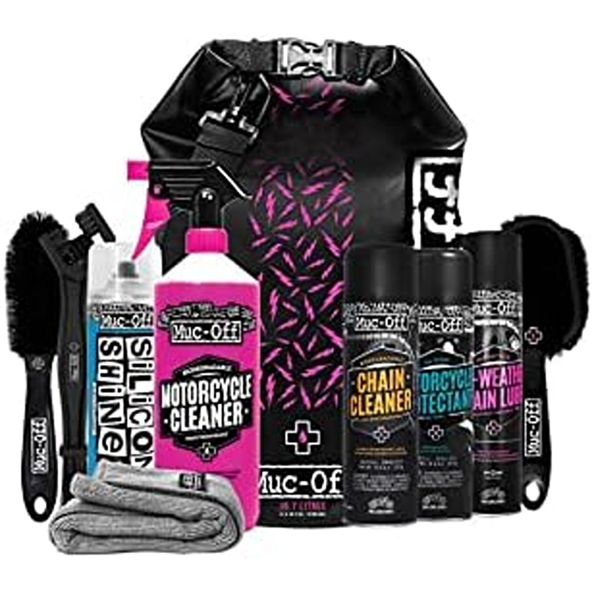 Muc-Off front view of kit box showing included products and benefits