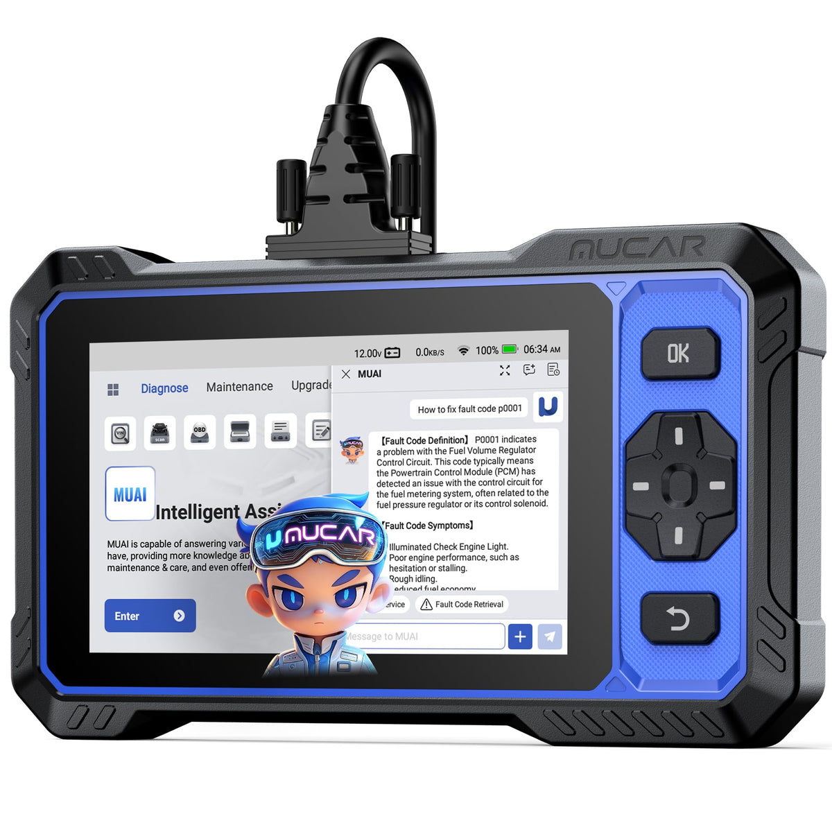 mucar tablet front display showing diagnostic home screen and quick access benefits