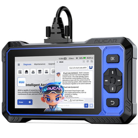 mucar tablet front display showing diagnostic home screen and quick access benefits