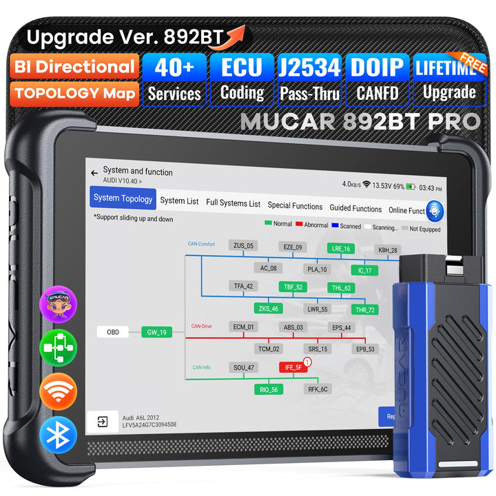 MUCAR 892BT PRO front view showing screen and controls, professional diagnostics benefit