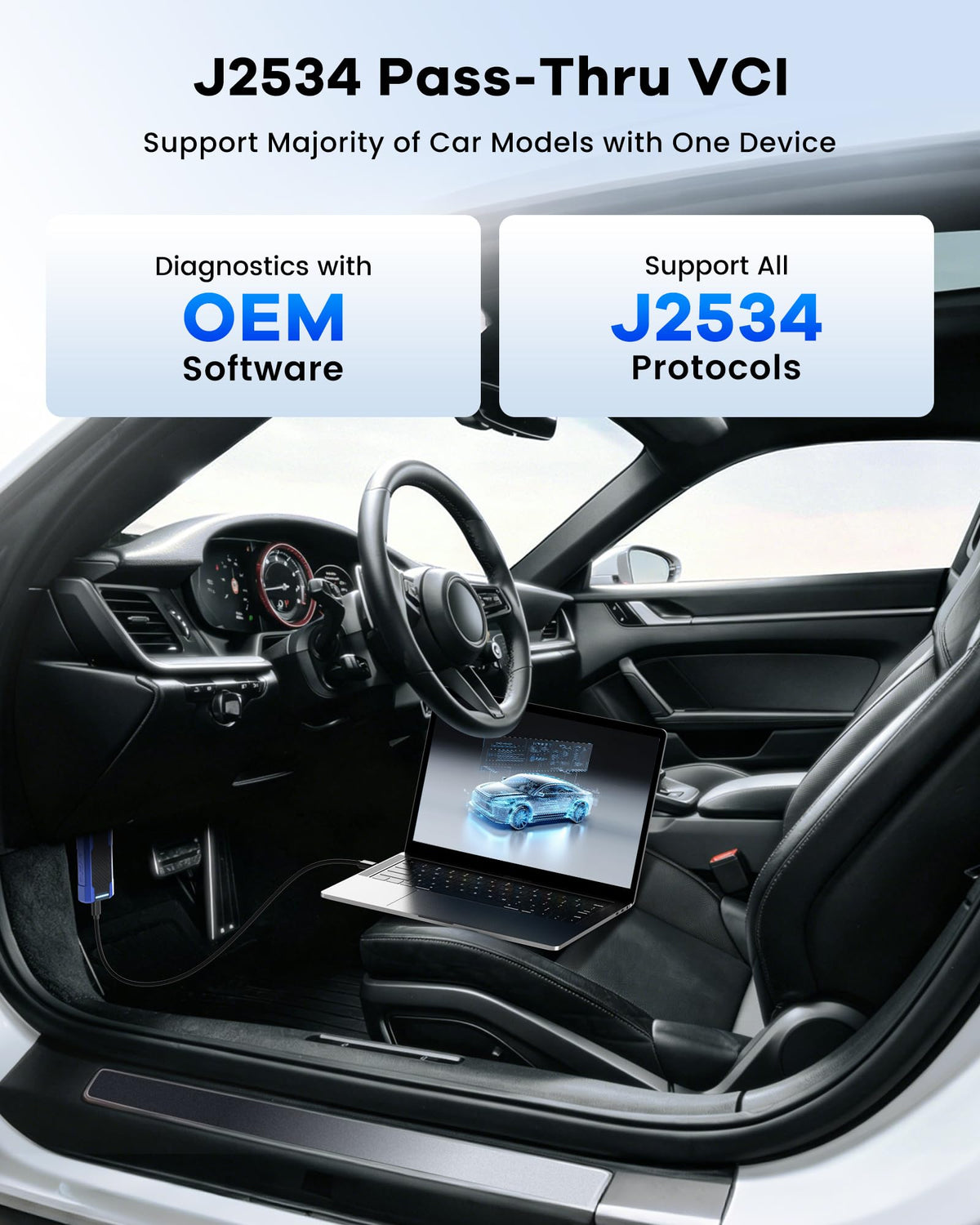 MUCAR wireless VCI unit beside tablet, MUCAR ensures OEM pass-thru reprogramming capability