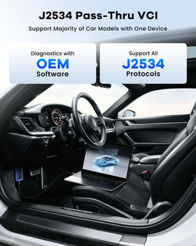 MUCAR wireless VCI unit beside tablet, MUCAR ensures OEM pass-thru reprogramming capability