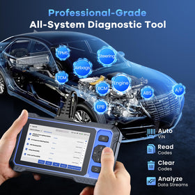 mucar handheld in use connected to car, verifying repairs quickly