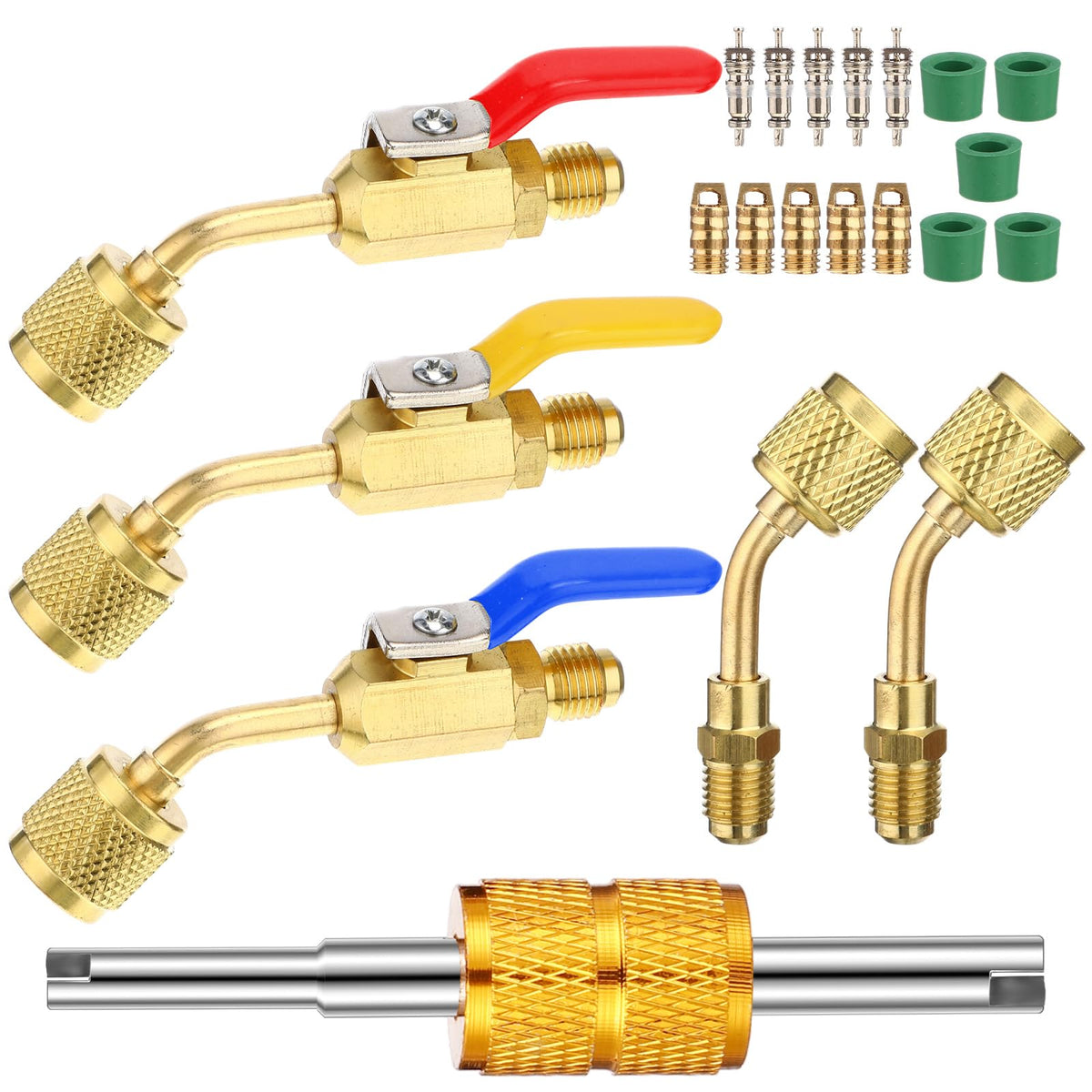 Mudder front view showing angled brass ball valves and included adapters, quick setup benefit