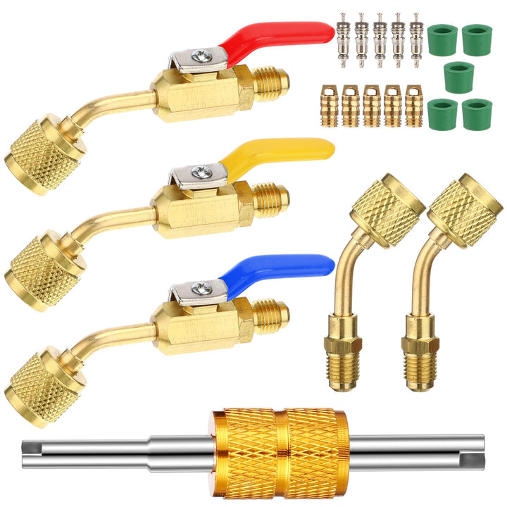 Mudder front view showing angled brass ball valves and included adapters, quick setup benefit