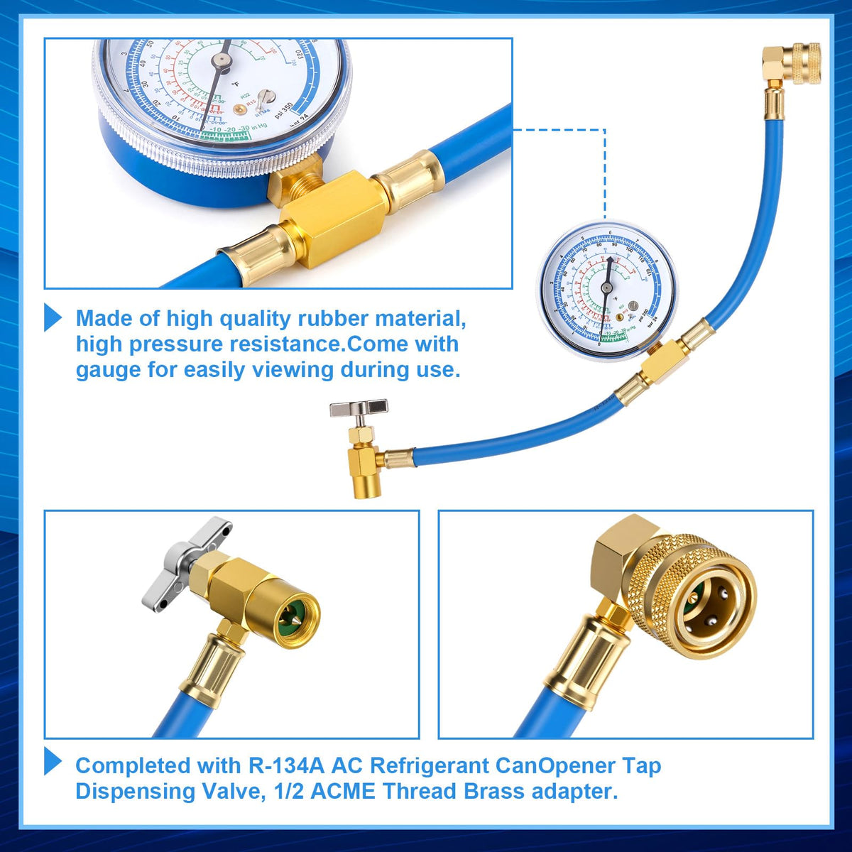 Mudder kit components laid out showing three piercing valves, hose, gauge and adapters for convenience