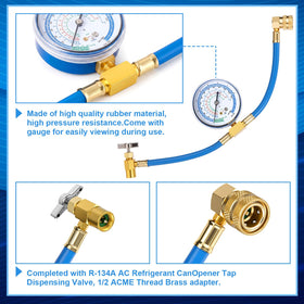 Mudder kit components laid out showing three piercing valves, hose, gauge and adapters for convenience