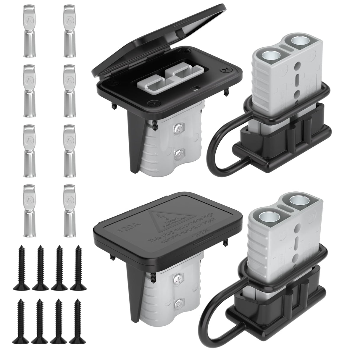 Muelnmey front view of 120A connector kit showing components and packaging benefit: complete kit