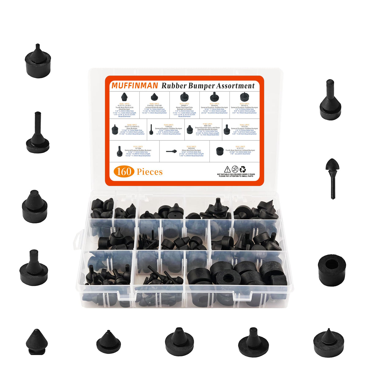MUFFINMAN front packaging showing 160-piece bumper assortment and storage box for easy access