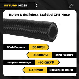 muge racing return hose detail nylon outer and braid showing flexibility benefit