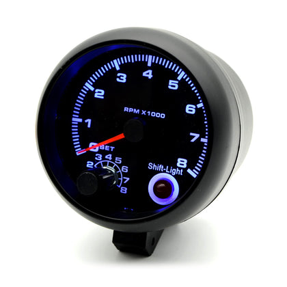 Mulcort tachometer front view showing clear 0–8000 RPM dial and blue shift light for quick reads