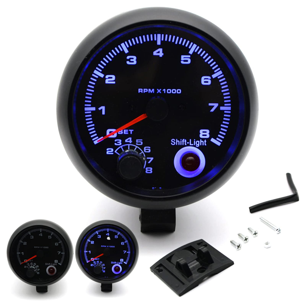 Mulcort tachometer mounted in car dash demonstrating compact fit and night visibility
