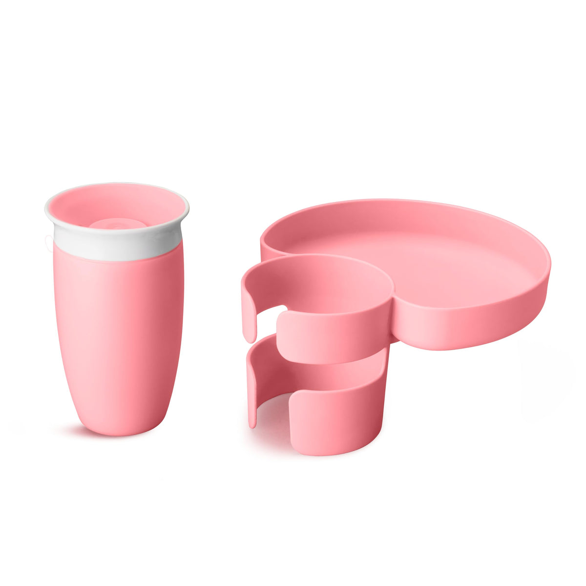 Munchkin travel tray front view shows stable snack surface and cupholder benefit