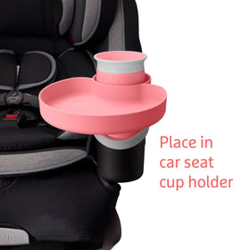 Munchkin tray with snacks and toys shows organized backseat convenience benefit