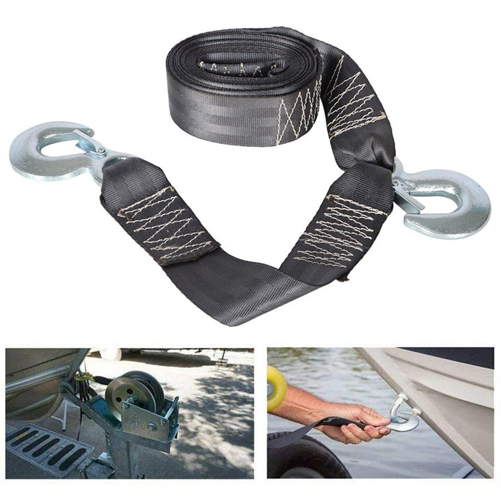 munirater front view of packaged winch strap showing size and hook benefit