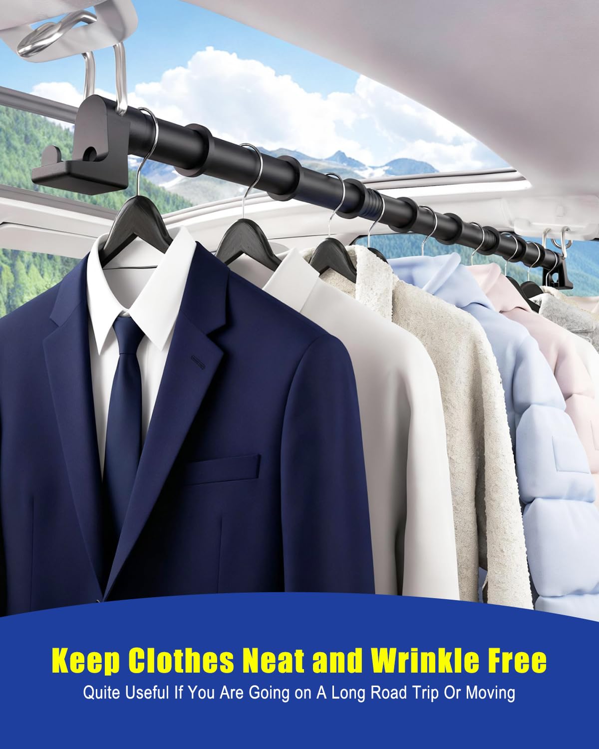 MUOFAHYI lifestyle view with hung clothes for tidy roadtrip and easy access