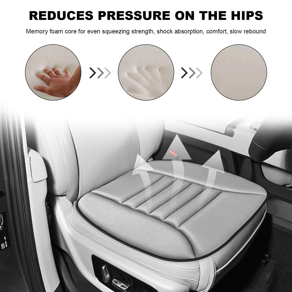 MUQIDA cushion installed on a car driver seat demonstrating quick fit and in-vehicle stability