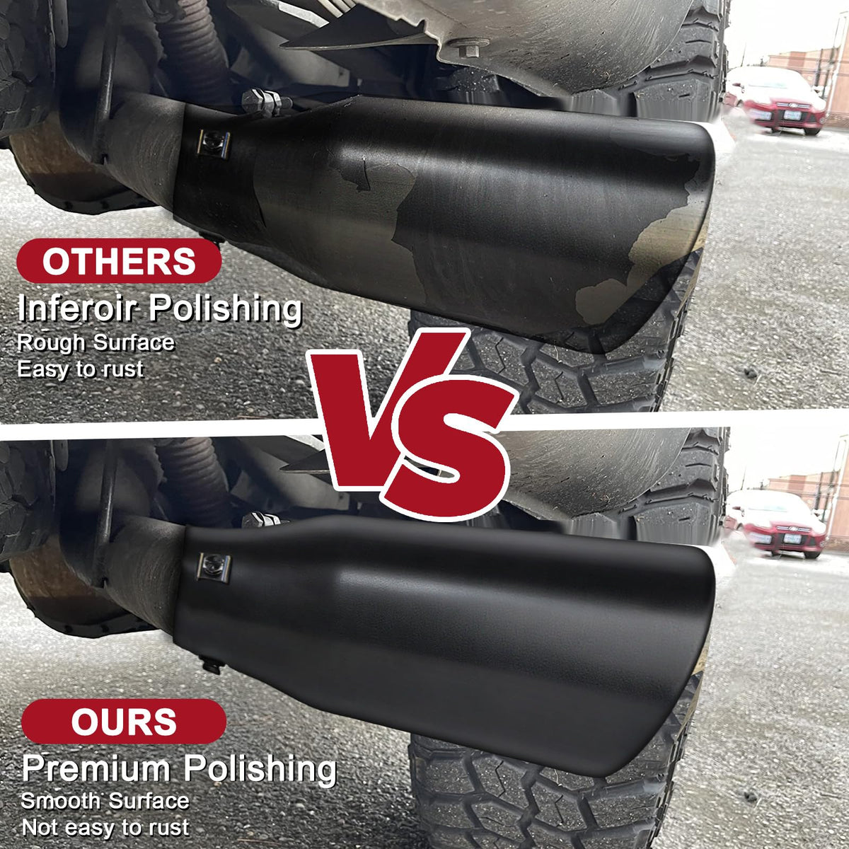 MuRealy side profile installed on vehicle tailpipe, enhances rear appearance