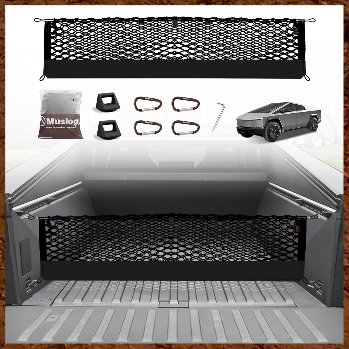 Muslogy front view showing fit and protection for Cybertruck bed