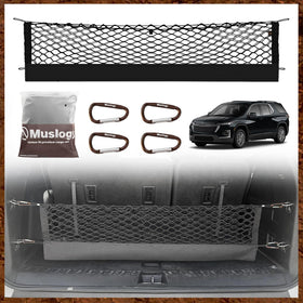 Muslogy cargo net front packaging showing included hooks and folded net for easy storage