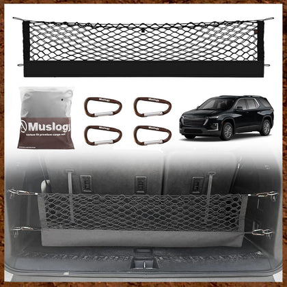 Muslogy cargo net front packaging showing included hooks and folded net for easy storage
