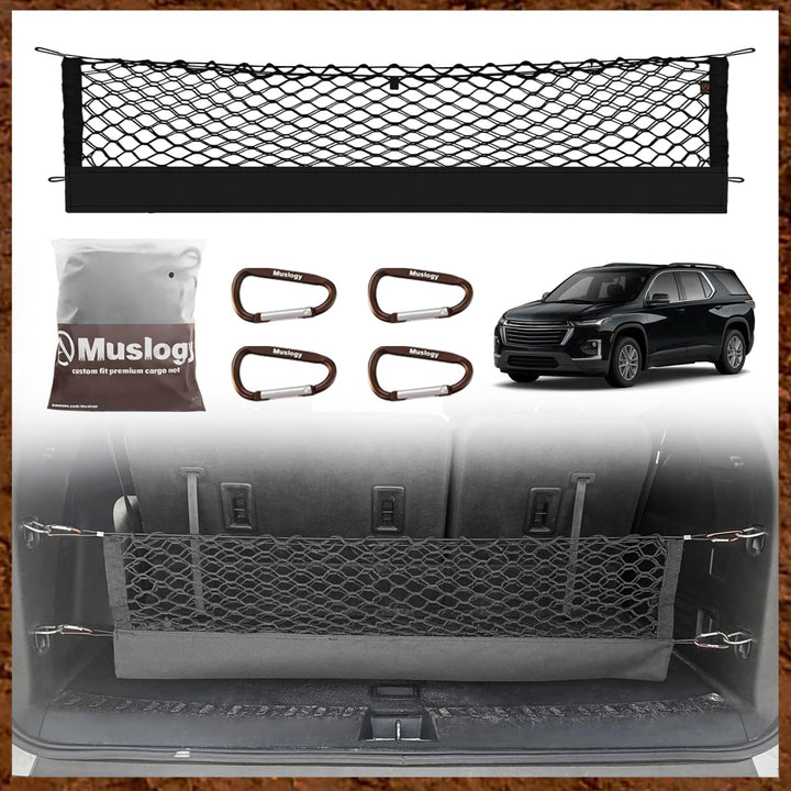 Muslogy cargo net front packaging showing included hooks and folded net for easy storage