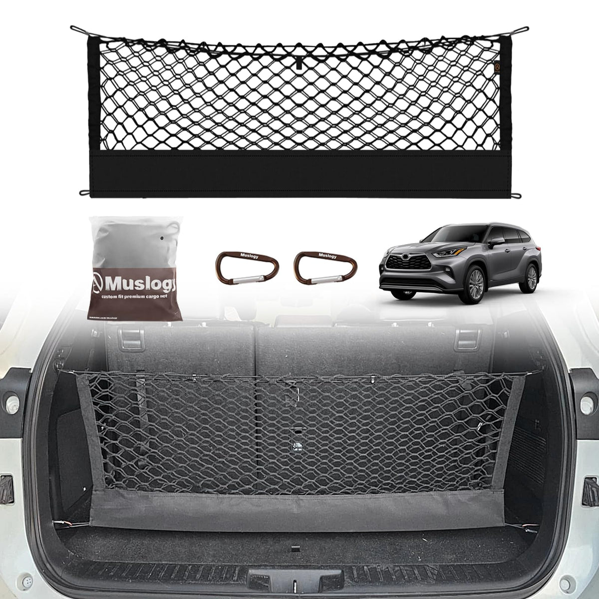 Muslogy front packaging showing cargo net and benefits for Highlander