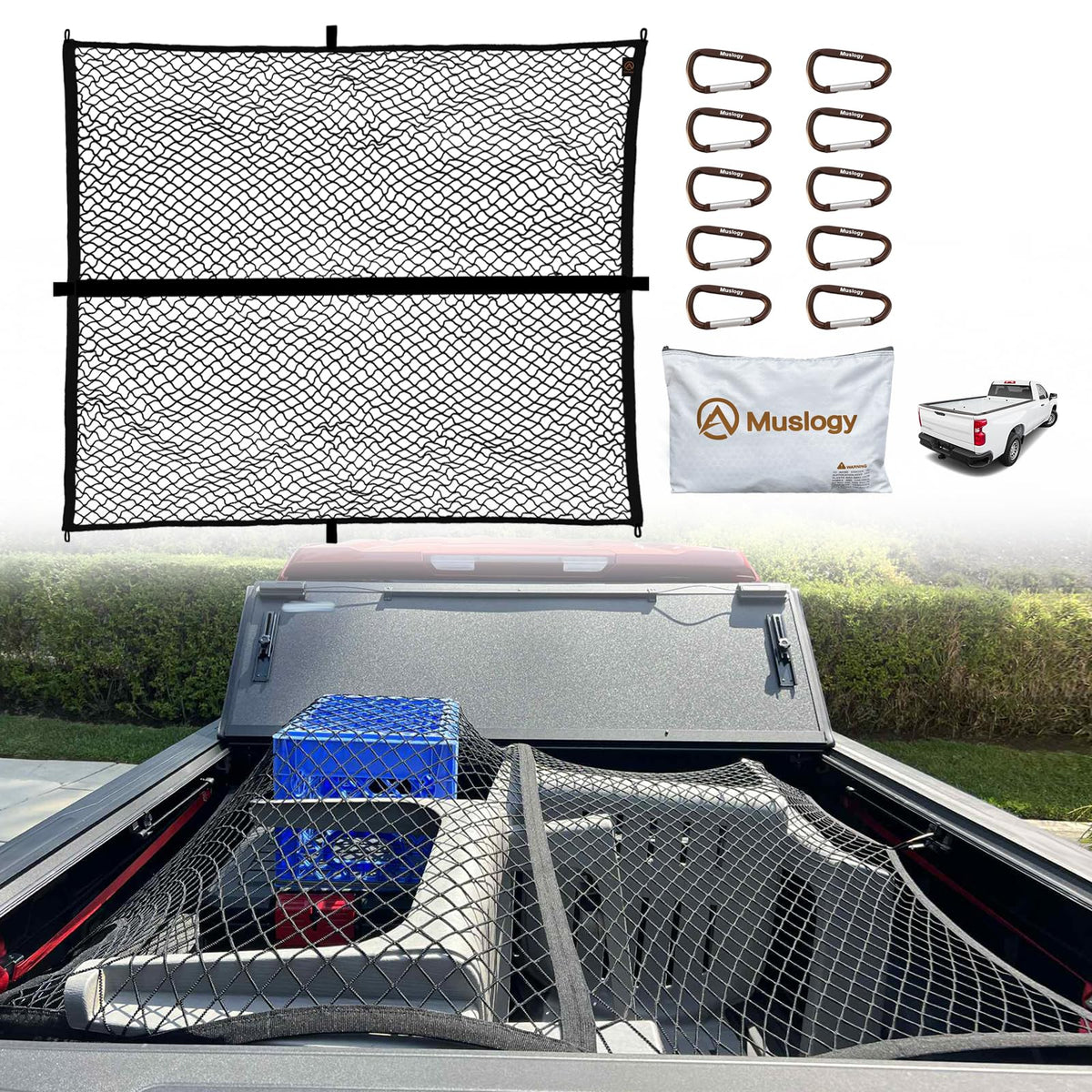 Muslogy cargo net front view showing full coverage and secure hold