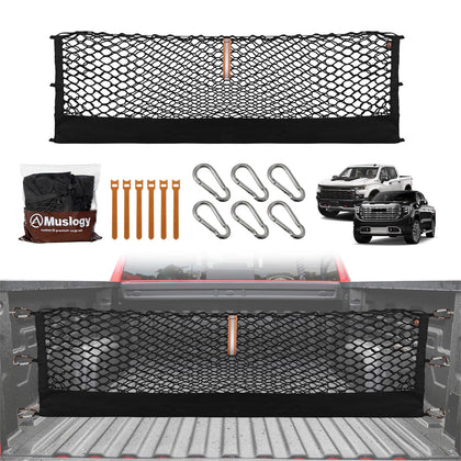 Muslogy cargo net front view showing full bed coverage and secure hold
