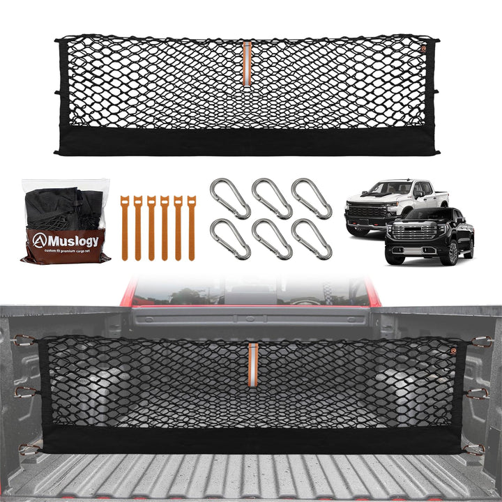 Muslogy cargo net front view showing full bed coverage and secure hold