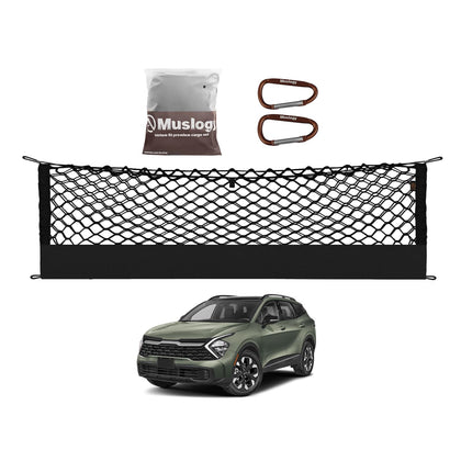 Muslogy cargo net front view showing full trunk coverage and secure storage