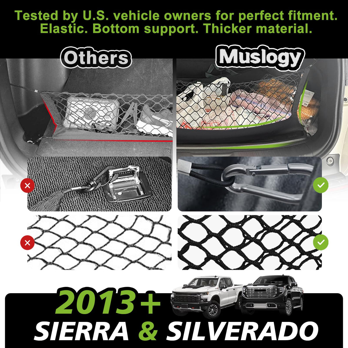 Muslogy net installed in truck bed showing tidy secured cargo