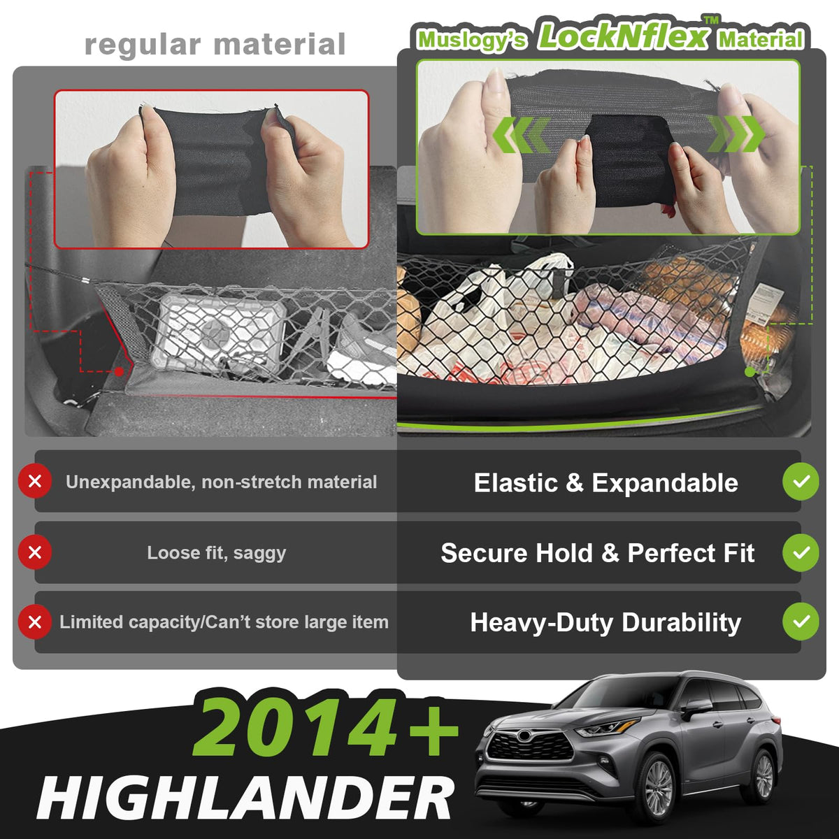 Muslogy net installed in Toyota Highlander trunk keeping items contained