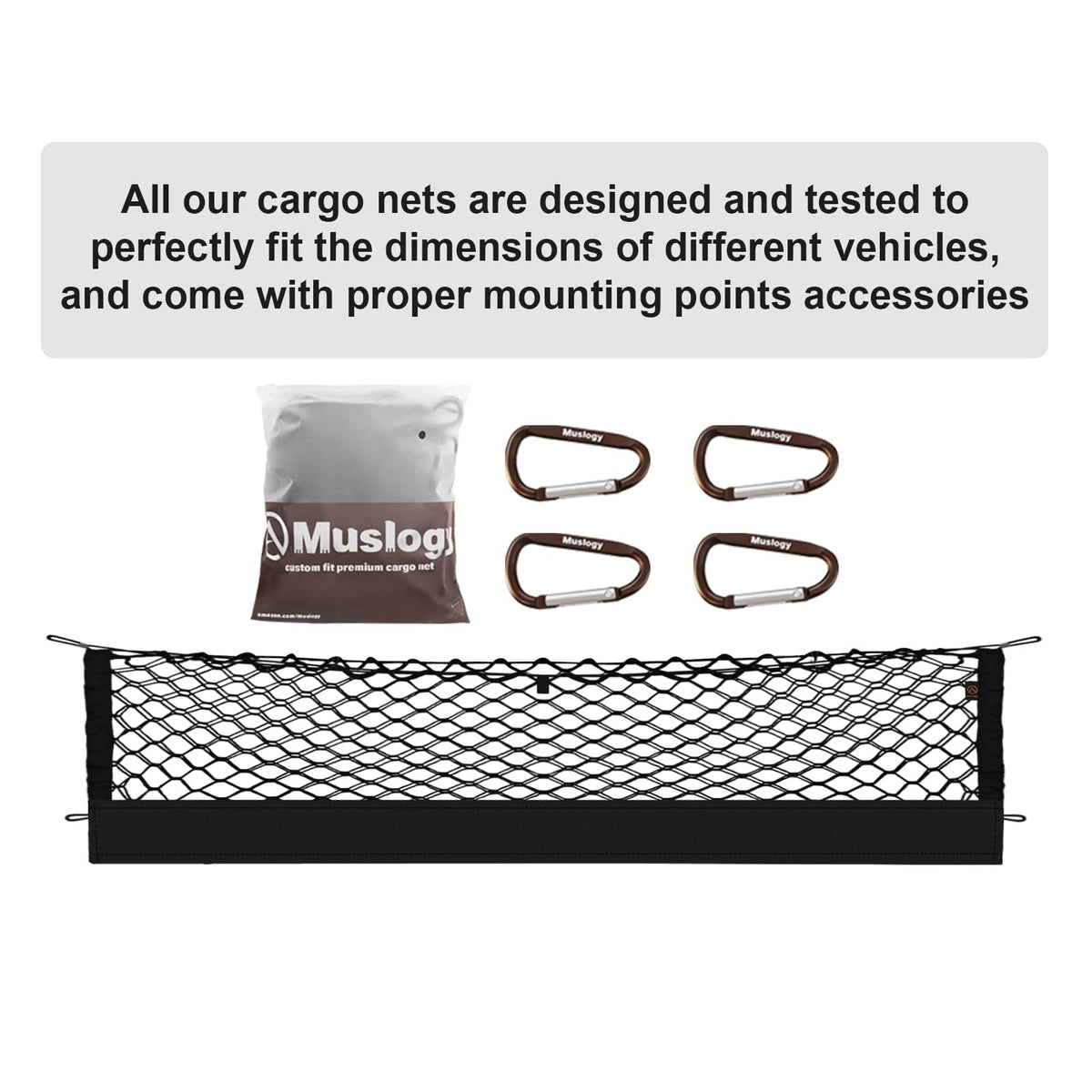Muslogy cargo net size comparison next to a water bottle illustrating fit and capacity
