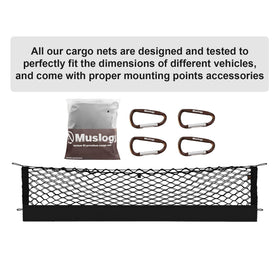 Muslogy cargo net size comparison next to a water bottle illustrating fit and capacity