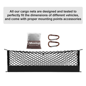 Muslogy cargo net next to a ruler showing compact size and precise Sportage fit