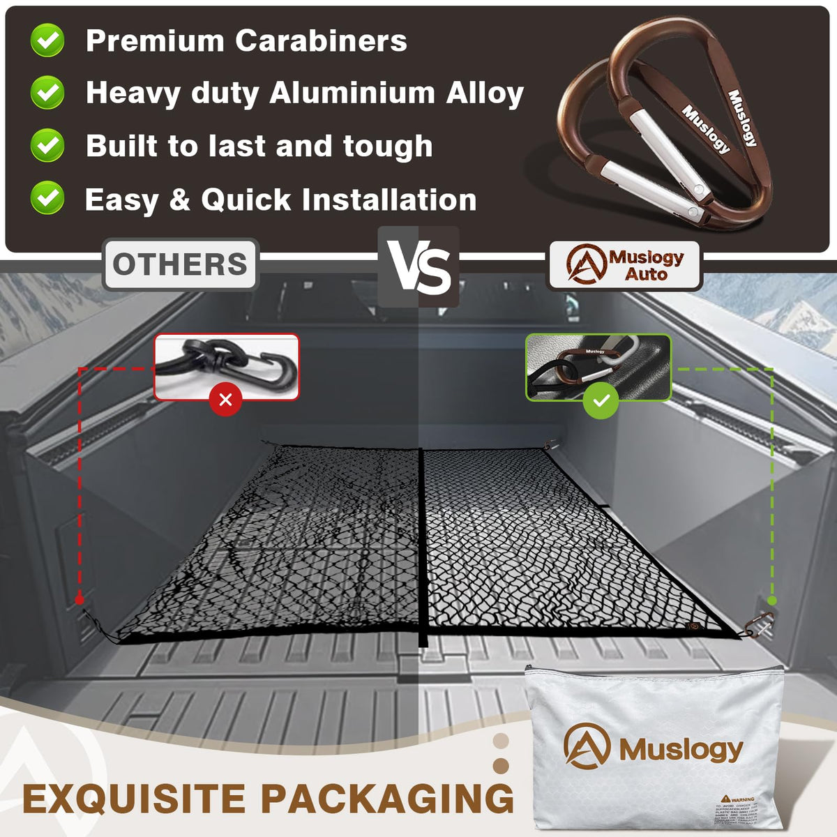 Muslogy net stretched over truck bed keeping cargo stable