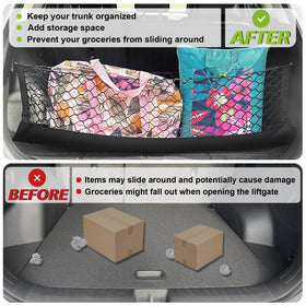 Muslogy cargo net holding groceries upright to prevent spills and rolling