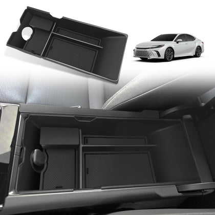 Muslogy front view of console organizer showing neat compartments and quick access