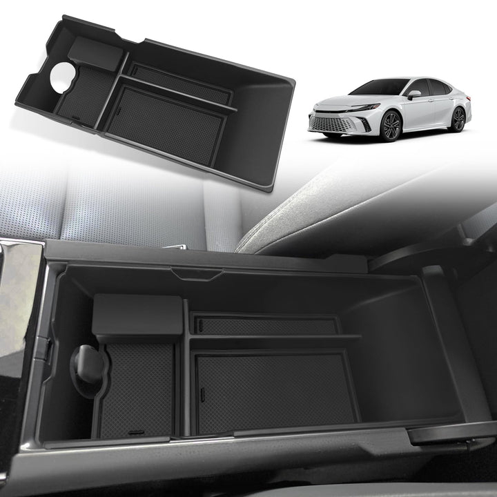 Muslogy front view of console organizer showing neat compartments and quick access