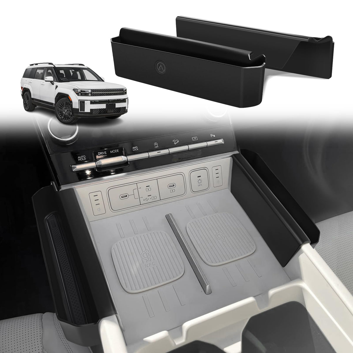 Muslogy front view of console organizers showing neat storage benefit