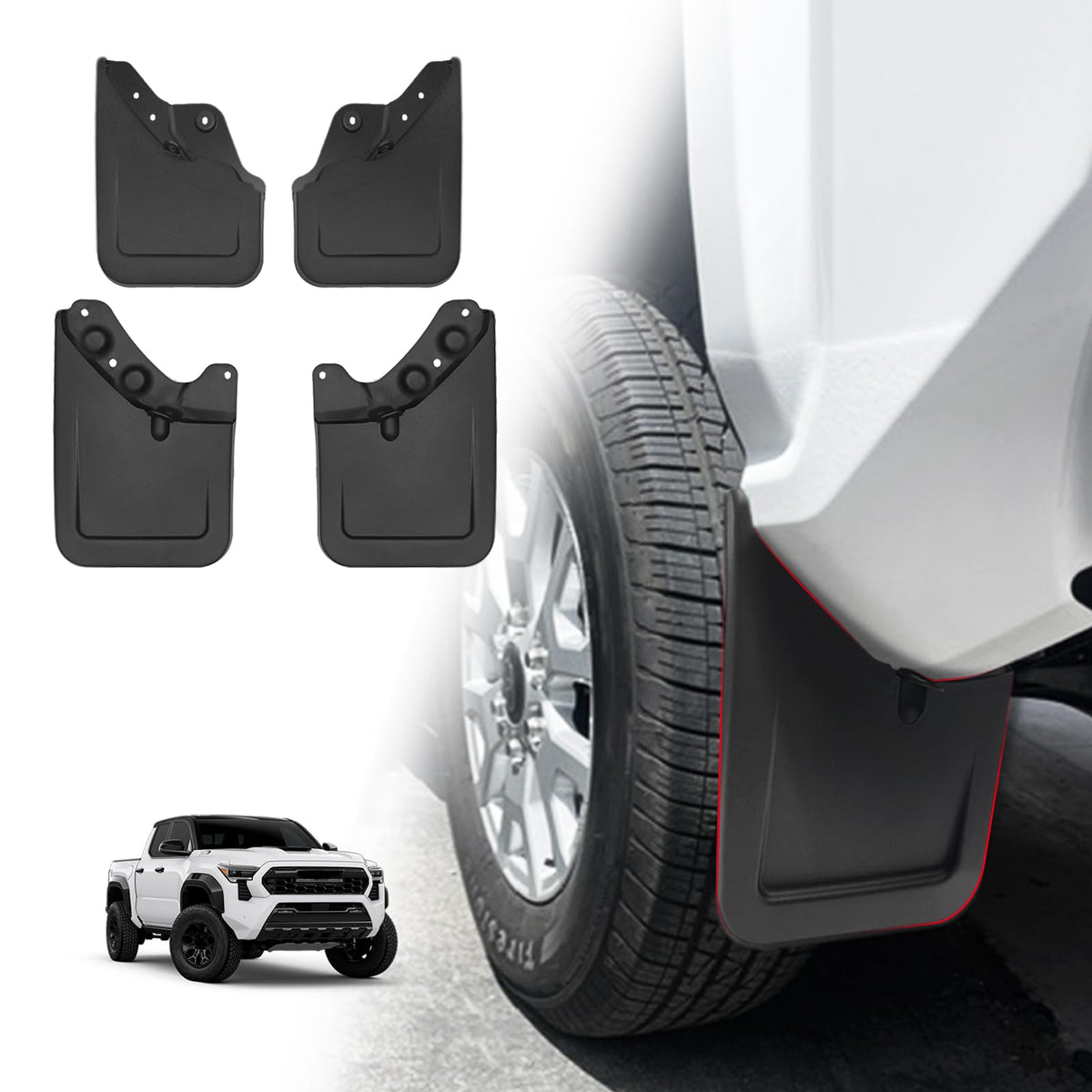 Muslogy front mud flap on Tacoma showing precise fit and added protection