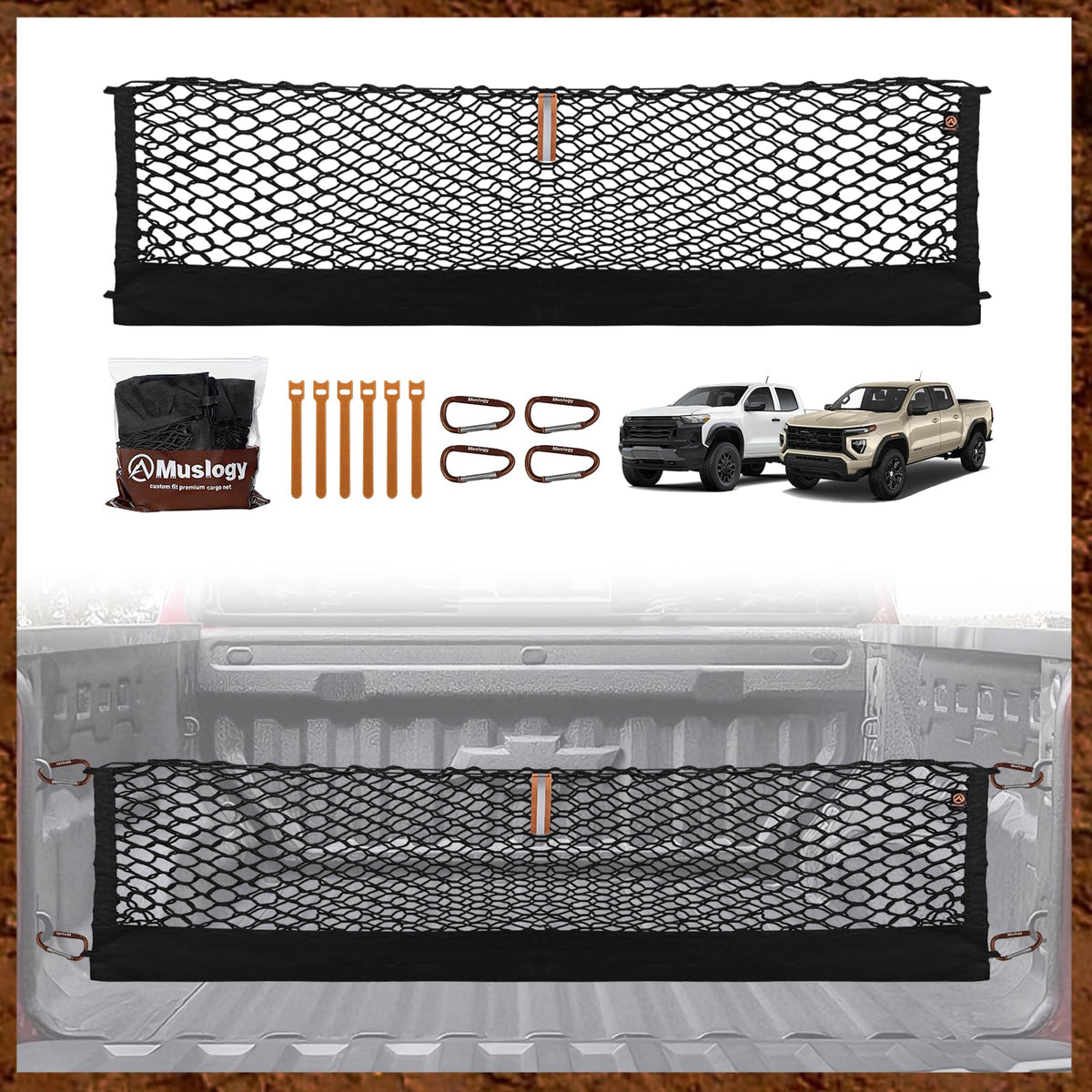 Muslogy front packaging showing fit for Colorado and Canyon, protects cargo