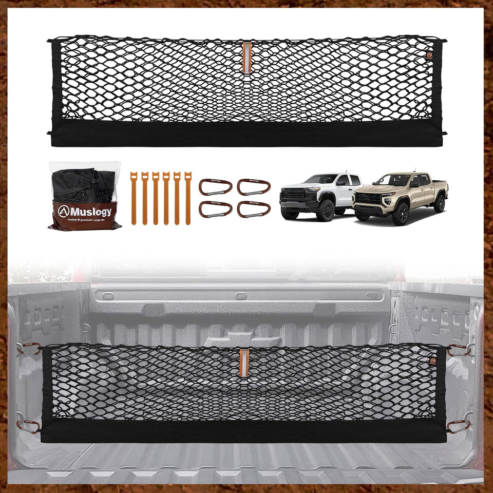Muslogy front packaging showing fit for Colorado and Canyon, protects cargo