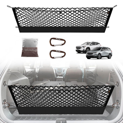 Muslogy front packaging showing cargo net and included hooks benefits secure storage