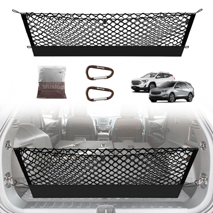 Muslogy front packaging showing cargo net and included hooks benefits secure storage