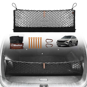 Muslogy cargo net front packaging showing compatibility and neat storage benefit