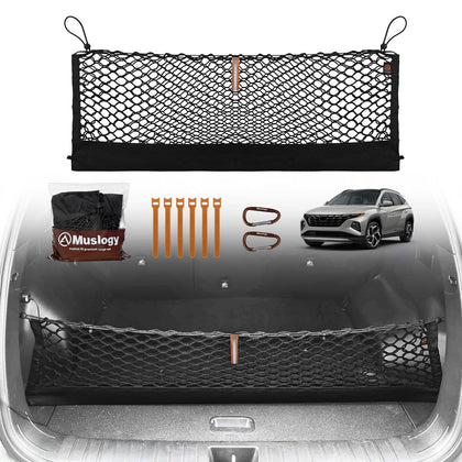 Muslogy cargo net front packaging showing compatibility and neat storage benefit
