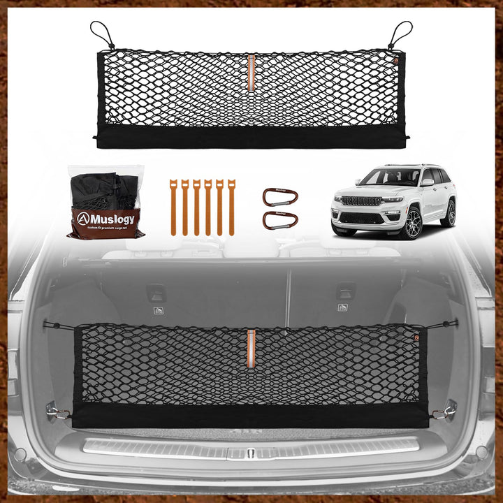Muslogy front packaging showing cargo net and components, clear fit identification